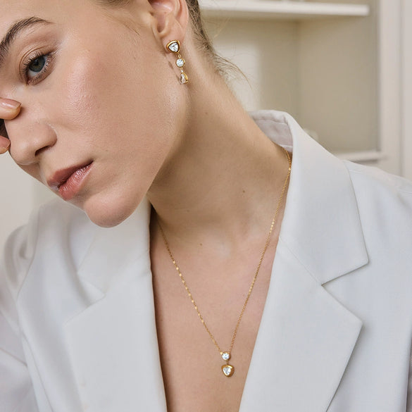 Women's Geometric Electroplated Stainless Steel Jewelry Set With Titanium Steel Necklace Zircon Tassel Earrings And Triangular Zirconia Details