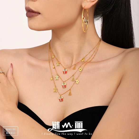 Women's Geometric Enamel Pendant Necklace In Stainless Steel With 18K Gold Plated Finish And Regular Chain