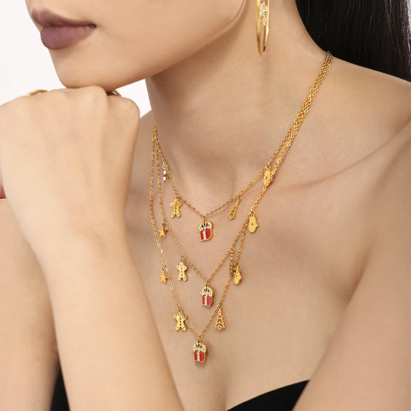 Women's Geometric Enamel Pendant Necklace In Stainless Steel With 18K Gold Plated Finish And Regular Chain