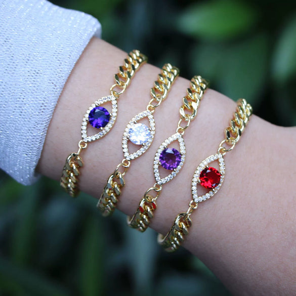 Women's Geometric Evil Eye Zircon Bracelet In Electroplated Copper With Gold Finish Versatile Fashion Jewelry