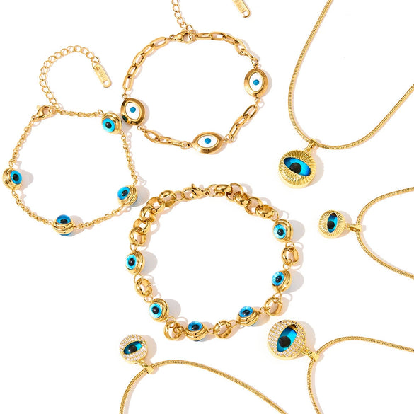 Women's Geometric Eye Motif Zircon Inlaid Gold Plated Stainless Steel Necklace And Bracelet Set