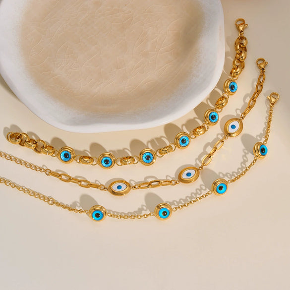 Women's Geometric Eye Motif Zircon Inlaid Gold Plated Stainless Steel Necklace And Bracelet Set