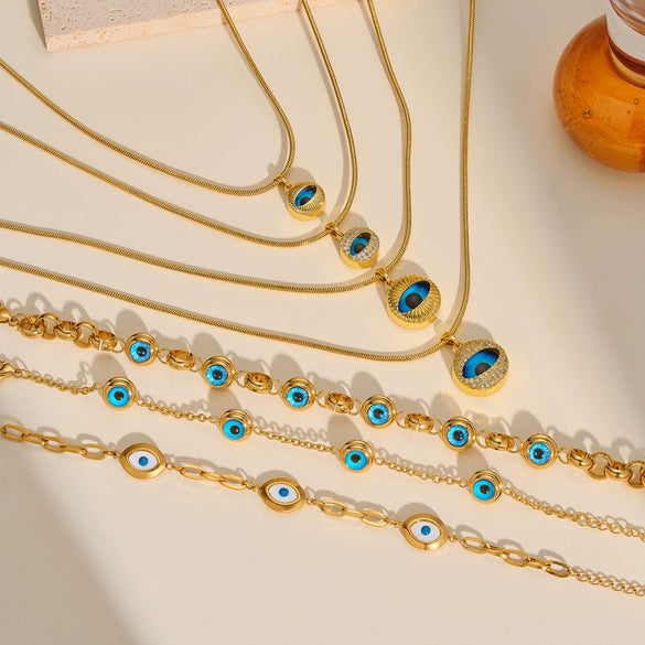 Women's Geometric Eye Motif Zircon Inlaid Gold Plated Stainless Steel Necklace And Bracelet Set