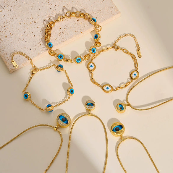 Women's Geometric Eye Motif Zircon Inlaid Gold Plated Stainless Steel Necklace And Bracelet Set
