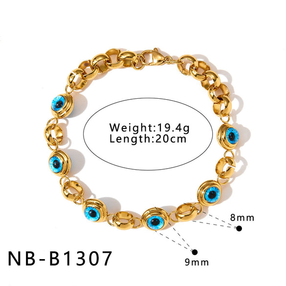 Women's Geometric Eye Motif Zircon Inlaid Gold Plated Stainless Steel Necklace And Bracelet Set