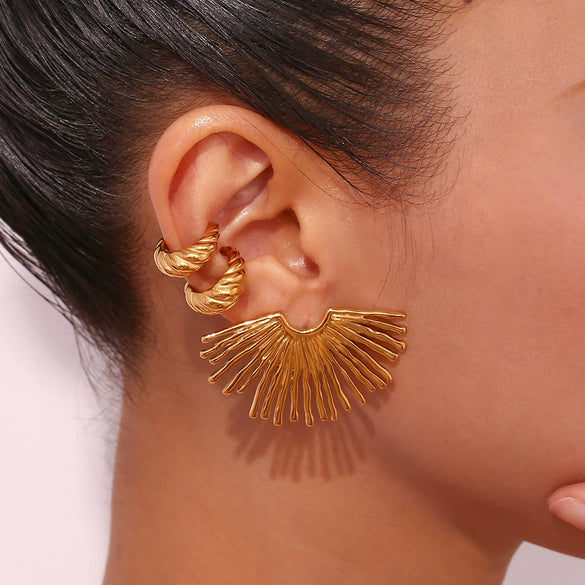 Women's Geometric Fanshaped Statement Earrings In Stainless Steel With Goldplated Finish Fashion Jewelry