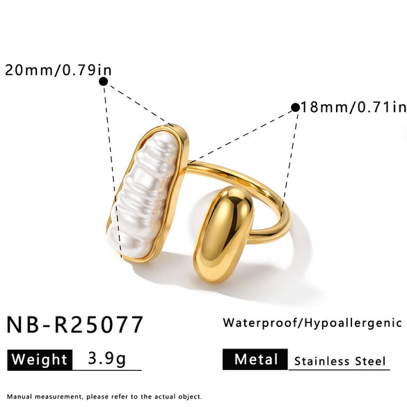 Women's Geometric Faux Pearl Stainless Steel Adjustable Open Ring With Gold Tone Vacuum Plated Finish