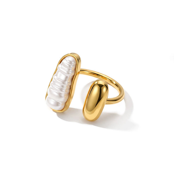 Women's Geometric Faux Pearl Stainless Steel Adjustable Open Ring With Gold Tone Vacuum Plated Finish