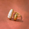 Women's Geometric Faux Pearl Stainless Steel Adjustable Open Ring With Gold Tone Vacuum Plated Finish