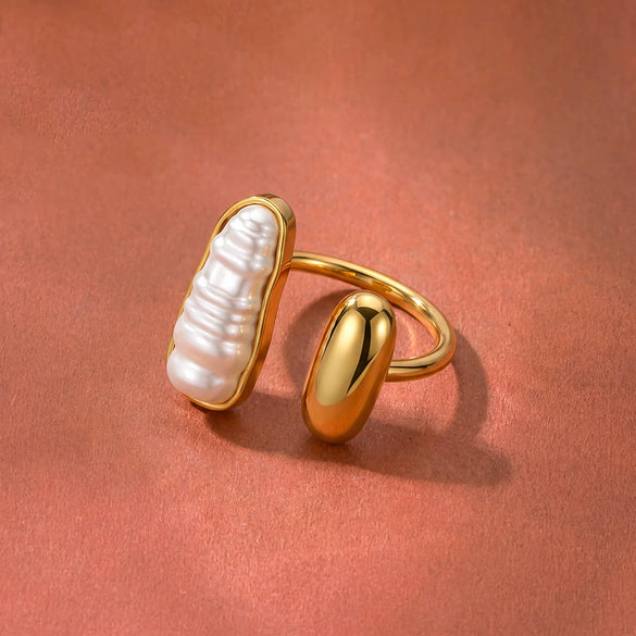 Women's Geometric Faux Pearl Stainless Steel Adjustable Open Ring With Gold Tone Vacuum Plated Finish