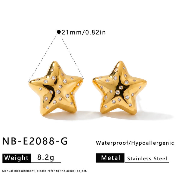 Women's Geometric Five Pointed Star Stainless Steel Earrings With Rhinestone Inlay And Gold Plated Finish Simple Fashion Jewelry