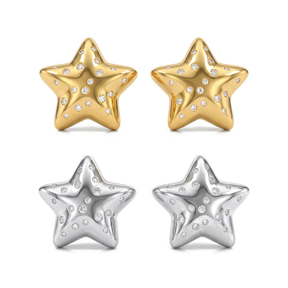 Women's Geometric Five Pointed Star Stainless Steel Earrings With Rhinestone Inlay And Gold Plated Finish Simple Fashion Jewelry