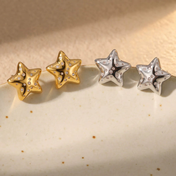 Women's Geometric Five Pointed Star Stainless Steel Earrings With Rhinestone Inlay And Gold Plated Finish Simple Fashion Jewelry