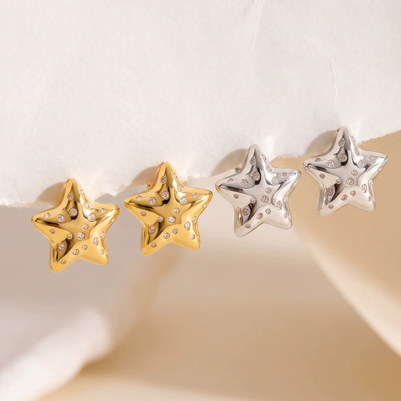 Women's Geometric Five Pointed Star Stainless Steel Earrings With Rhinestone Inlay And Gold Plated Finish Simple Fashion Jewelry