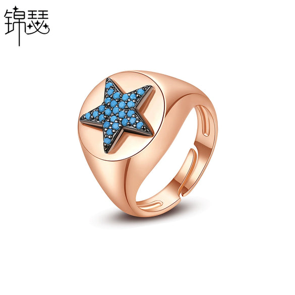 Women's Geometric Fivepointed Star Open Adjustable Copper Ring With Zircon And Turquoise Inlay Retro Fashion Design