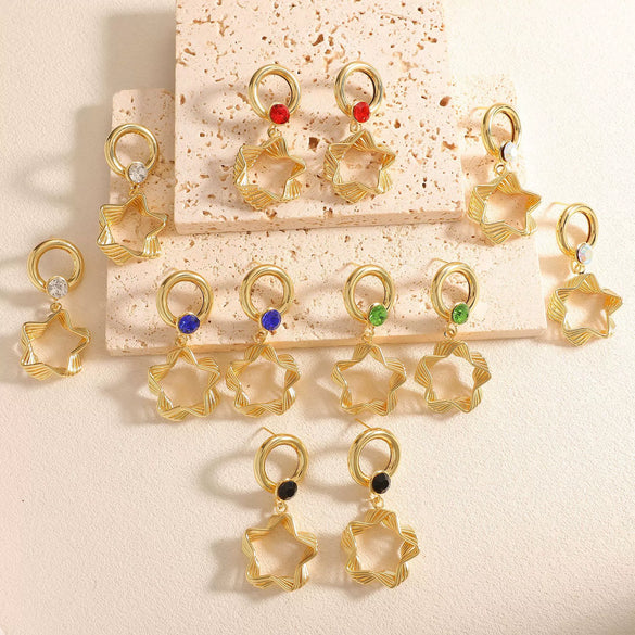 Women's Geometric Fivepointed Star Zircon Drop Earrings With Stainless Steel Posts Electroplated Alloy Fashion Jewelry