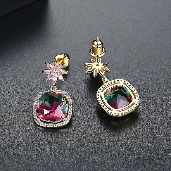 Women's Geometric Flower Earrings With Tourmaline And Zircon Accents Electroplated Copper Fashion Jewelry