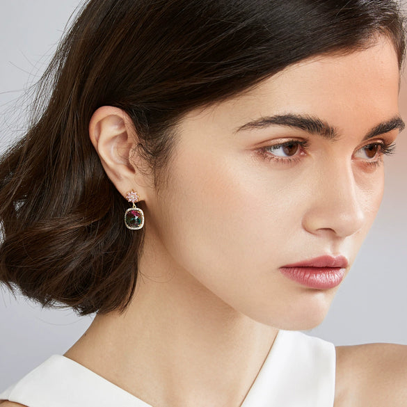 Women's Geometric Flower Earrings With Tourmaline And Zircon Accents Electroplated Copper Fashion Jewelry