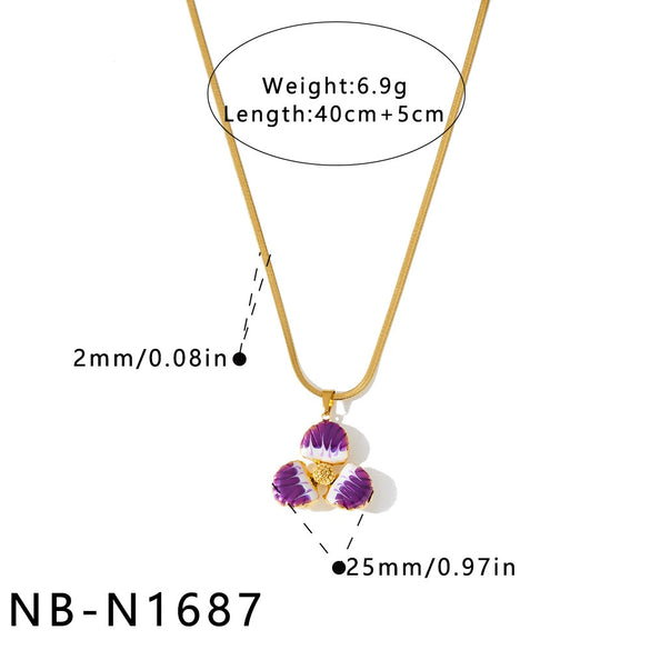 Women's Geometric Flower Stainless Steel Necklace With White Shell Enamel Design And 18K Vacuum Plated Regular Chain