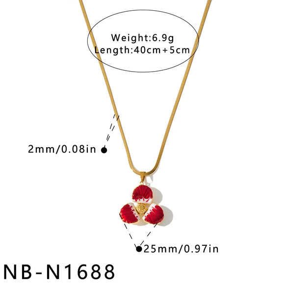 Women's Geometric Flower Stainless Steel Necklace With White Shell Enamel Design And 18K Vacuum Plated Regular Chain