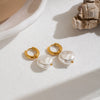 Women's Geometric Freshwater Pearl Pendant Earrings With Stainless Steel Posts Vacuum Gold Plated Minimalist Light Luxury Style