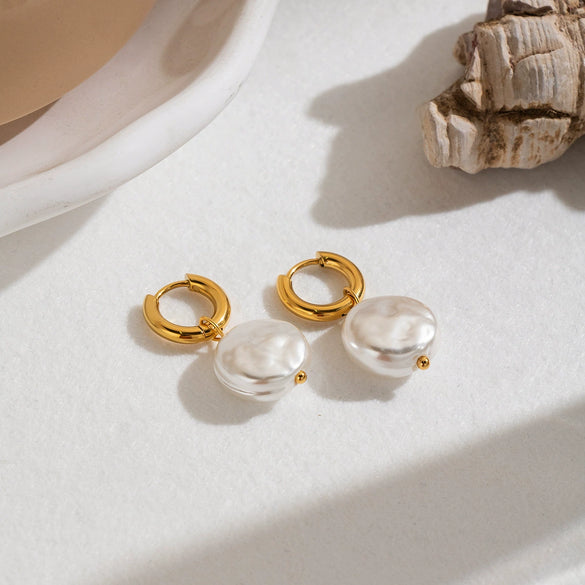 Women's Geometric Freshwater Pearl Pendant Earrings With Stainless Steel Posts Vacuum Gold Plated Minimalist Light Luxury Style