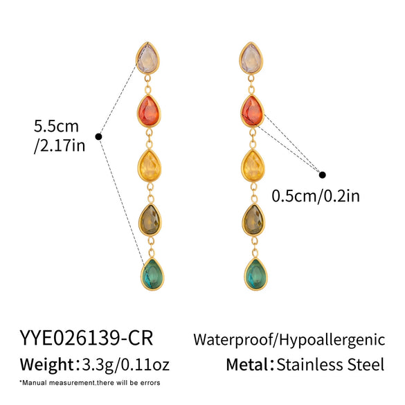 Women's Geometric Gold Plated Stainless Steel Long Drop Tassel Earrings With Colorful Cubic Zirconia Pendants