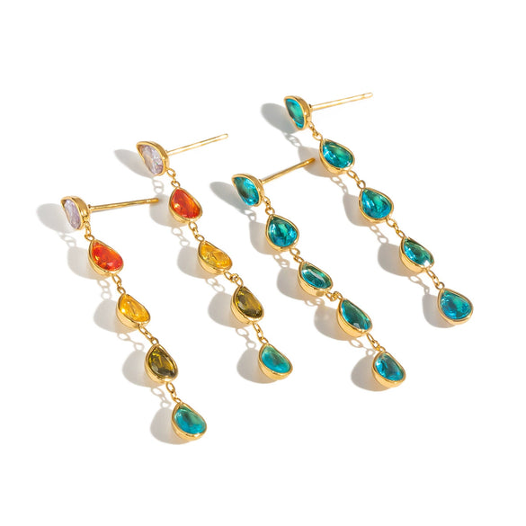Women's Geometric Gold Plated Stainless Steel Long Drop Tassel Earrings With Colorful Cubic Zirconia Pendants