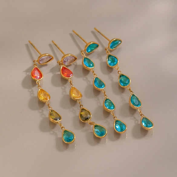 Women's Geometric Gold Plated Stainless Steel Long Drop Tassel Earrings With Colorful Cubic Zirconia Pendants
