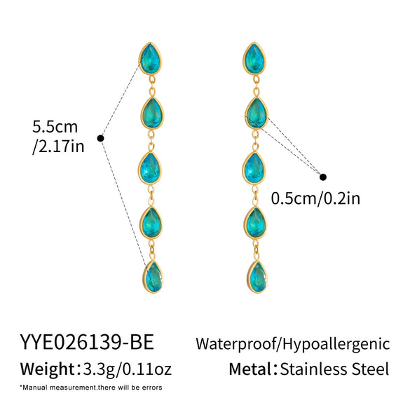 Women's Geometric Gold Plated Stainless Steel Long Drop Tassel Earrings With Colorful Cubic Zirconia Pendants