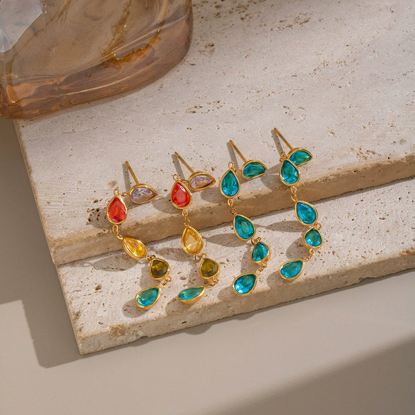 Women's Geometric Gold Plated Stainless Steel Long Drop Tassel Earrings With Colorful Cubic Zirconia Pendants