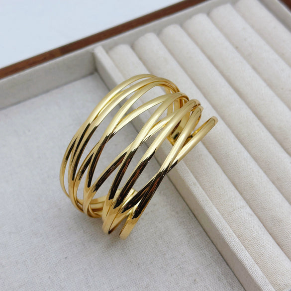 Women's Geometric Goldtone Plated Alloy Open Bangle Bracelet Wide Statement Jewelry Accessory