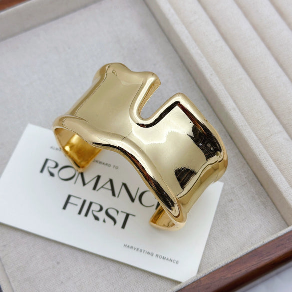 Women's Geometric Goldtone Plated Alloy Open Bangle Bracelet Wide Statement Jewelry Accessory