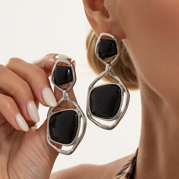 Women's Geometric Gradient Resin Gemstone Stud Earrings With Irregular Hollow Alloy Design Plated Finish And Stainless Steel Posts