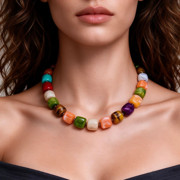 Women's Geometric Gradient Square Acrylic Beaded Necklace With Stainless Steel Pendant And Lobster Clasp Handmade Jewelry