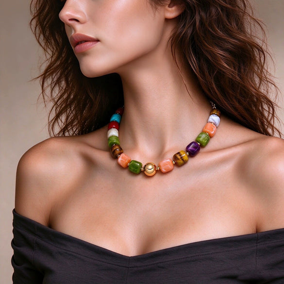 Women's Geometric Gradient Square Acrylic Beaded Necklace With Stainless Steel Pendant And Lobster Clasp Handmade Jewelry