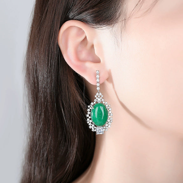 Women's Geometric Green Chalcedony Copper Earrings With Electroplated Finish Elegant Fashion Jewelry