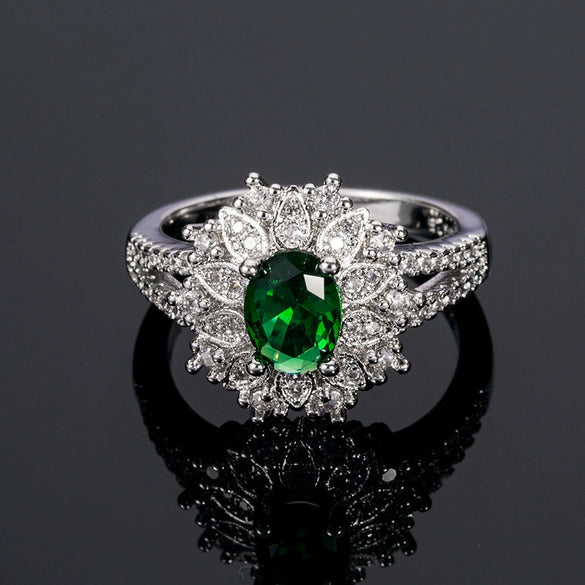 Women's Geometric Green Gemstone Ring With Emerald Look Zircon And Electroplated Finish Fashion Jewelry