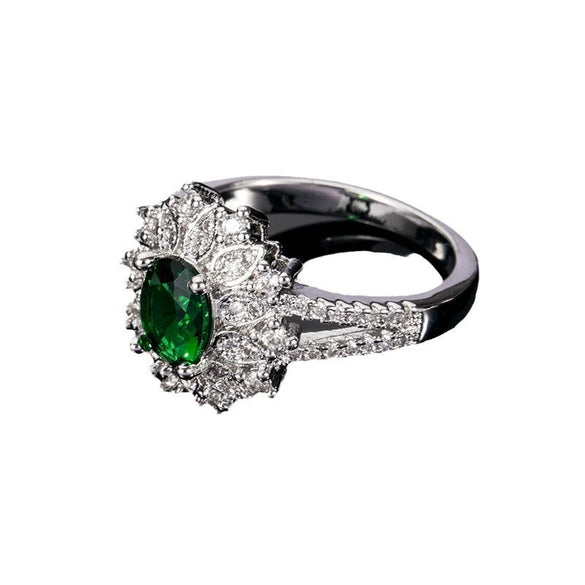 Women's Geometric Green Gemstone Ring With Emerald Look Zircon And Electroplated Finish Fashion Jewelry