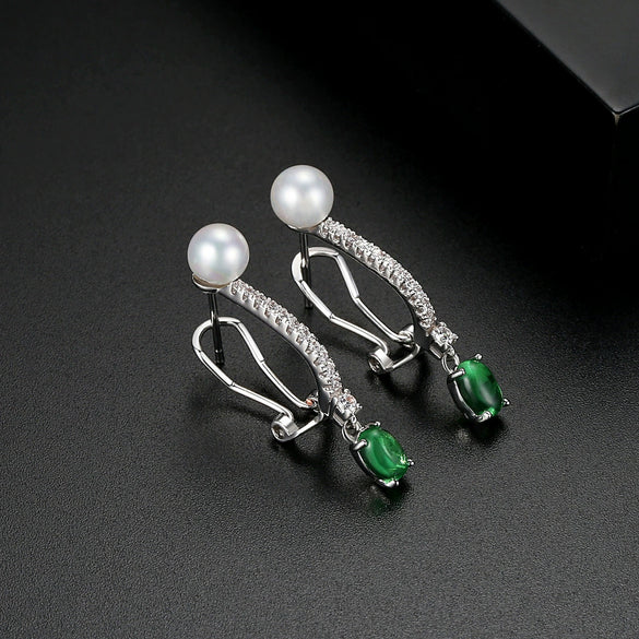Women's Geometric Green Zircon And Pearl Clipon Earrings Electroplated Copper Fashion Jewelry