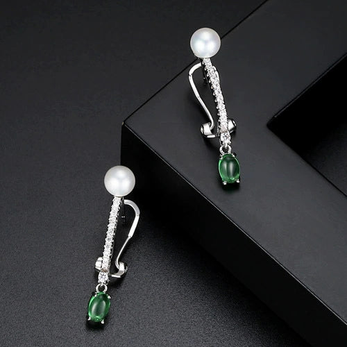 Women's Geometric Green Zircon And Pearl Clipon Earrings Electroplated Copper Fashion Jewelry