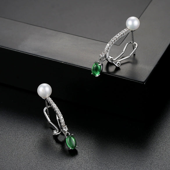 Women's Geometric Green Zircon And Pearl Clipon Earrings Electroplated Copper Fashion Jewelry