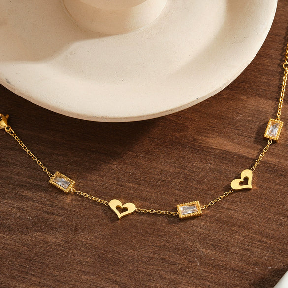 Women's Geometric Heart Stainless Steel Bracelet With Vacuum Gold Plated Finish And Zircon Accent