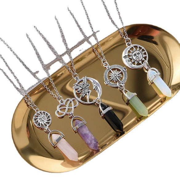 Women's Geometric Hexagon Stone Pendant Necklace With Electroplated Alloy Pendant And Water Wave Chain