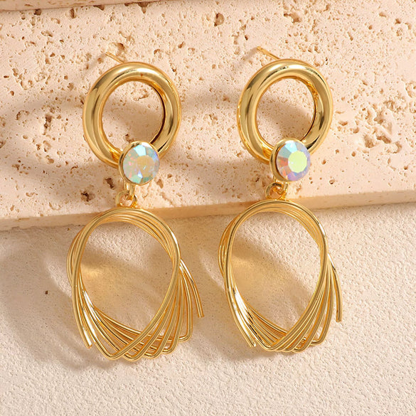 Women's Geometric Hollow Out Multi Layer Oval Earrings With Zircon Inlay Electroplated Alloy Design And Stainless Steel Posts