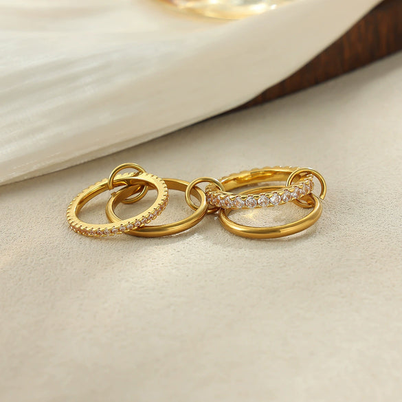 Women's Geometric Interlocking Ring With Zircon Accents Gold Plated Stainless Steel Round Band Jewelry