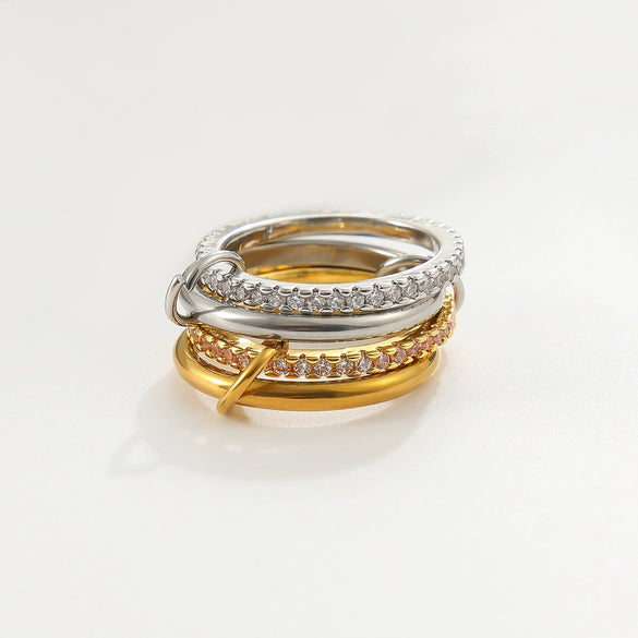 Women's Geometric Interlocking Ring With Zircon Accents Gold Plated Stainless Steel Round Band Jewelry