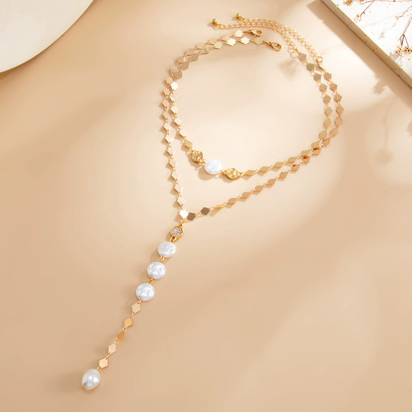 Women's Geometric Irregular Imitation Pearl Tassel Necklace With Plated Copper Chain And Stackable Layered Design