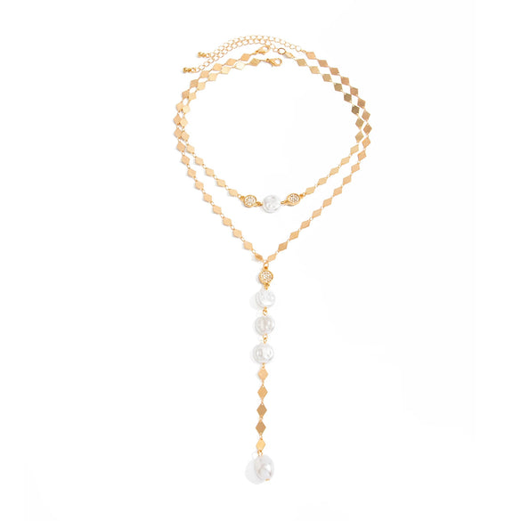 Women's Geometric Irregular Imitation Pearl Tassel Necklace With Plated Copper Chain And Stackable Layered Design