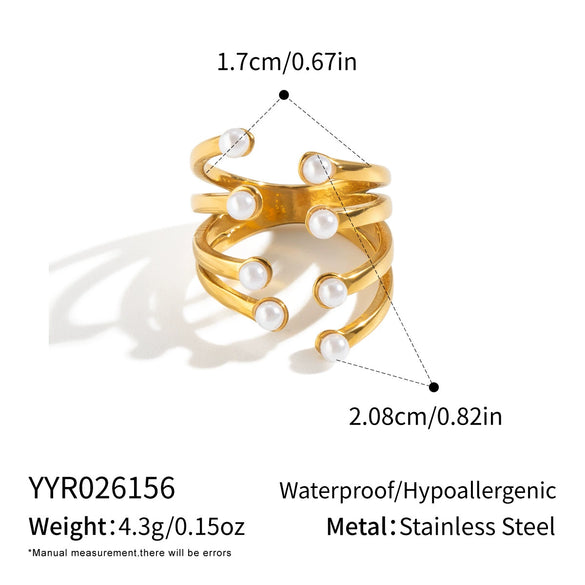 Women's Geometric Layered Pearl Open Ring In Stainless Steel With Gold Plated Finish Adjustable Jewelry